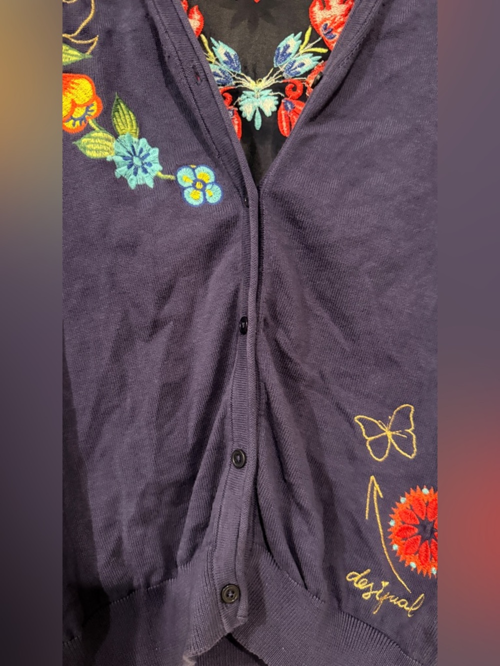 FINAL PRICE Desigual Navy Cardigan with Multicolor Floral Embroidery - Picture 2 of 7